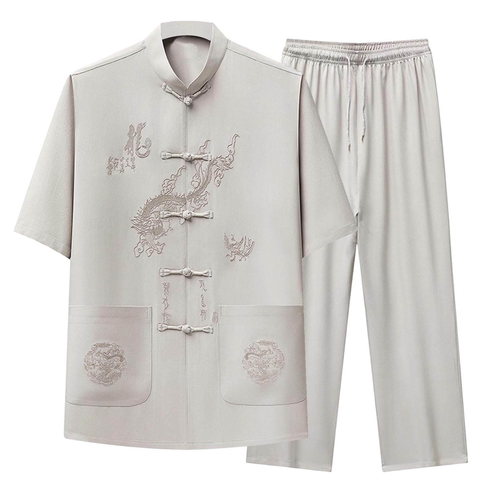 Cambkatl Men's Dragon Embroidered Tang Suit Chinese Traditional Mandarin Collar Kung Fu Shirts Short Sleeve Tai Chi Outfits