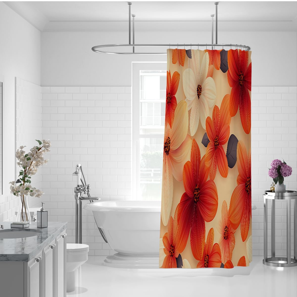Herbst-Orange-Blüten-Duschvorhang Daisy Naturalist Botanical Print Badevorhänge Wasserdichter Stoff Badezimmerzubehör mit Haken 180 x 220 cm