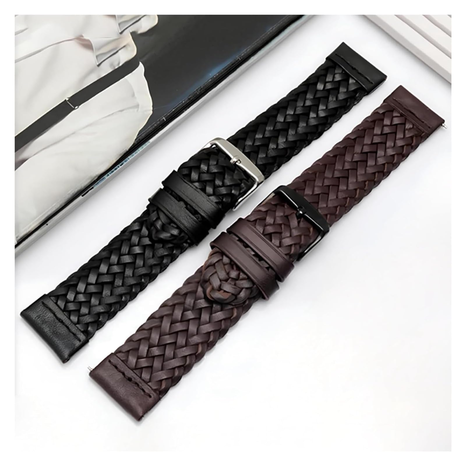 Remplacement des Bandes de Surveillance 20/22 / 24 mm Strape DE Montre DE COHIDE TRESSÉE pour Les Montres Smart (Brown-Black, 24 mm)