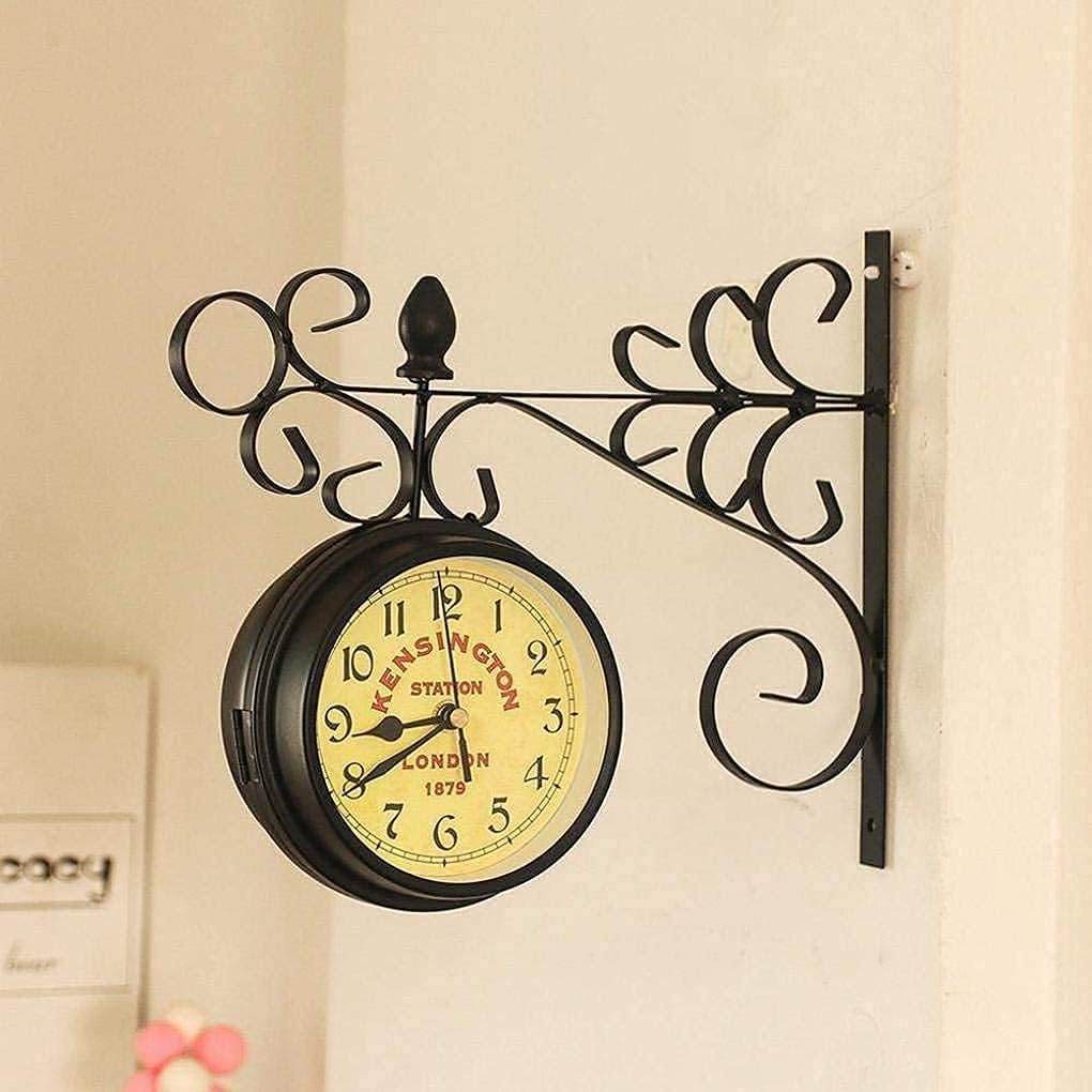 Wall Clock Art Clock Garden Clocks Outdoor Waterproof, Vintage Double-Sided Rotation Metal Rack Outdoor Clocks for The Garden Wall Mounted Battery Powe Wall Decor Clock