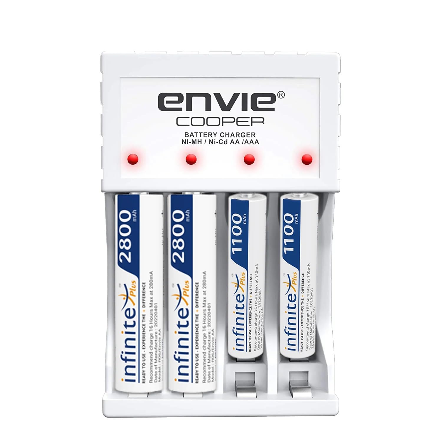 ENVIE® (ECR 20MC+2800+1100) Standard Charger ECR 20 MC for AA & AAA Ni-mh/Ni-Cd Rechargeable Batteries | LED Indicator | 600MA Output Current | with 2xAA2800 & 2xAAA1100 Rechargeable Batteries