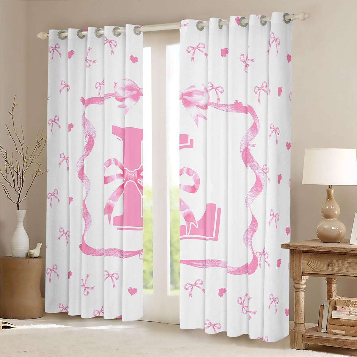 Homewish Spersonalizowane różowe zasłony okienne z kokardą 132 x 160 cm, 2 zestawy paneli - inicjał L muszka zasłony zaciemniające różowe i białe kokardki węzeł zasłony okienne urocze preppy modne do