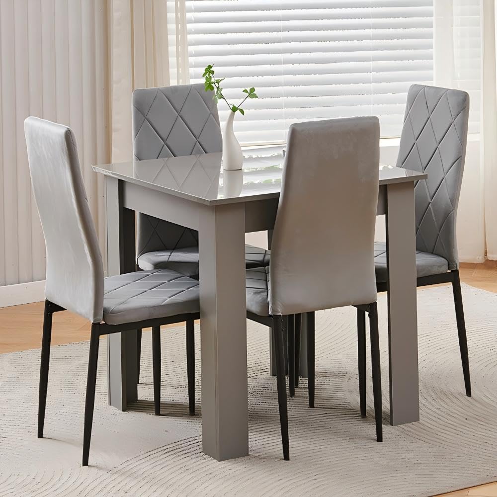 Homullel 75x75 cm Small Dining Table and 4 Chairs, 4 Seater Table and Chairs Set Kitchen Dining Room Set for 4, Compact, Space Saving, Wooden, Glossing Tabletop Grey (4 Seats, Flannel Grey #2)