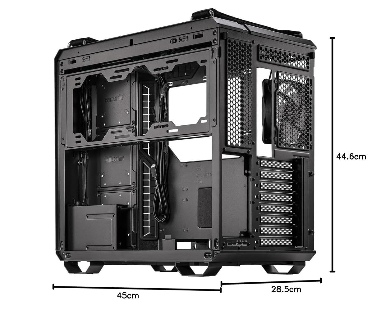 ASUS TUF Gaming GT502 Plus TG Black modulares PC Gehäuse | Zweikammer-Gehäuse, bis 3 Positionen für 360-mm-Radiatoren oder bis zu 13x120mm-Lüfter, Glasscheiben Panoramablick, schwarz