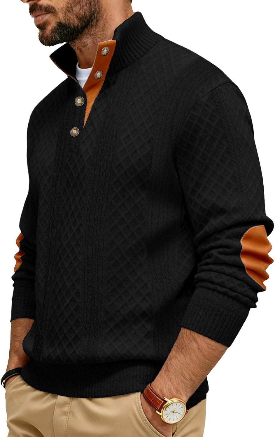 Men's Block Striped Sweatshirt Casual Outdoor Long Sleeve Stand Collar Pullover Sweatshirt Button Quarter Sweater - Image 4