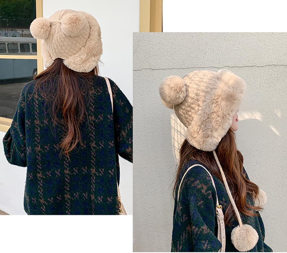 Winter Pompom Beanie Hats for Women Fluffy Knit Womens Beanie Faux Fur Crochet Skull Cap Warm Bucket Outdoor Ear Cover - Image 5