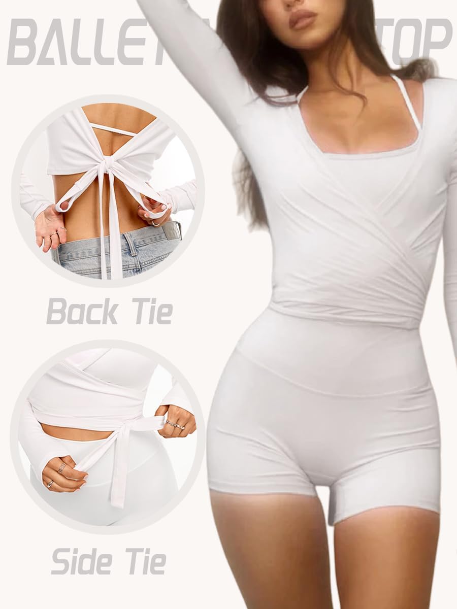 Danysu Ballet Wrap Tops Long Sleeve Cross Tie Crop Shirts Deep V-Neck Dance Clothes Fall Cardigans - Image 2