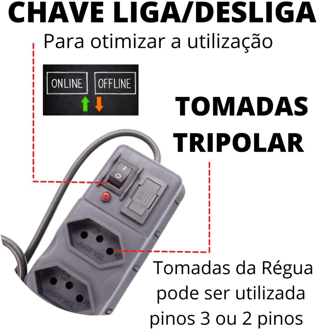 Régua Extensão Elétrica 6 Tomada Filtro Linha Bivolt Com Fusível Resistente PREMIUM