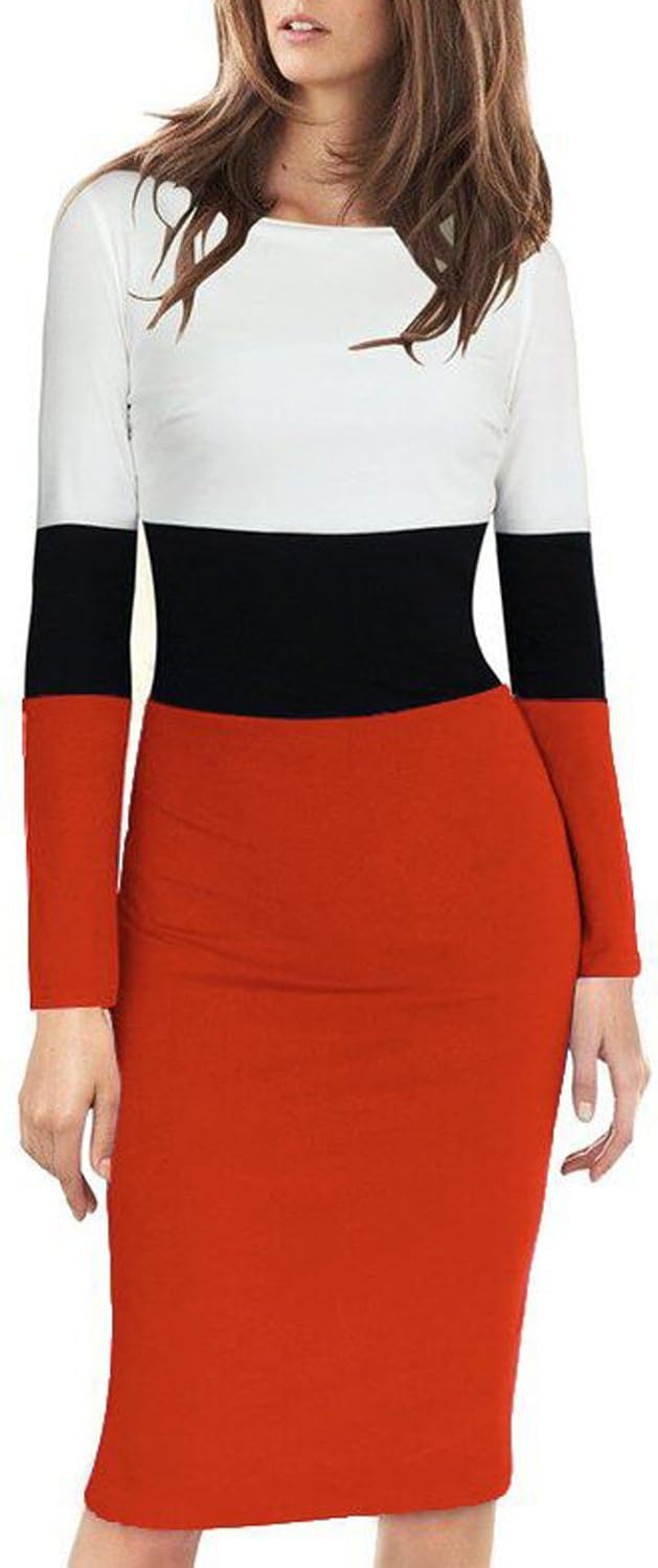 Viwenni Women's Elegant Long Sleeve Colorblock Wear to Work Sheath Pencil Dress