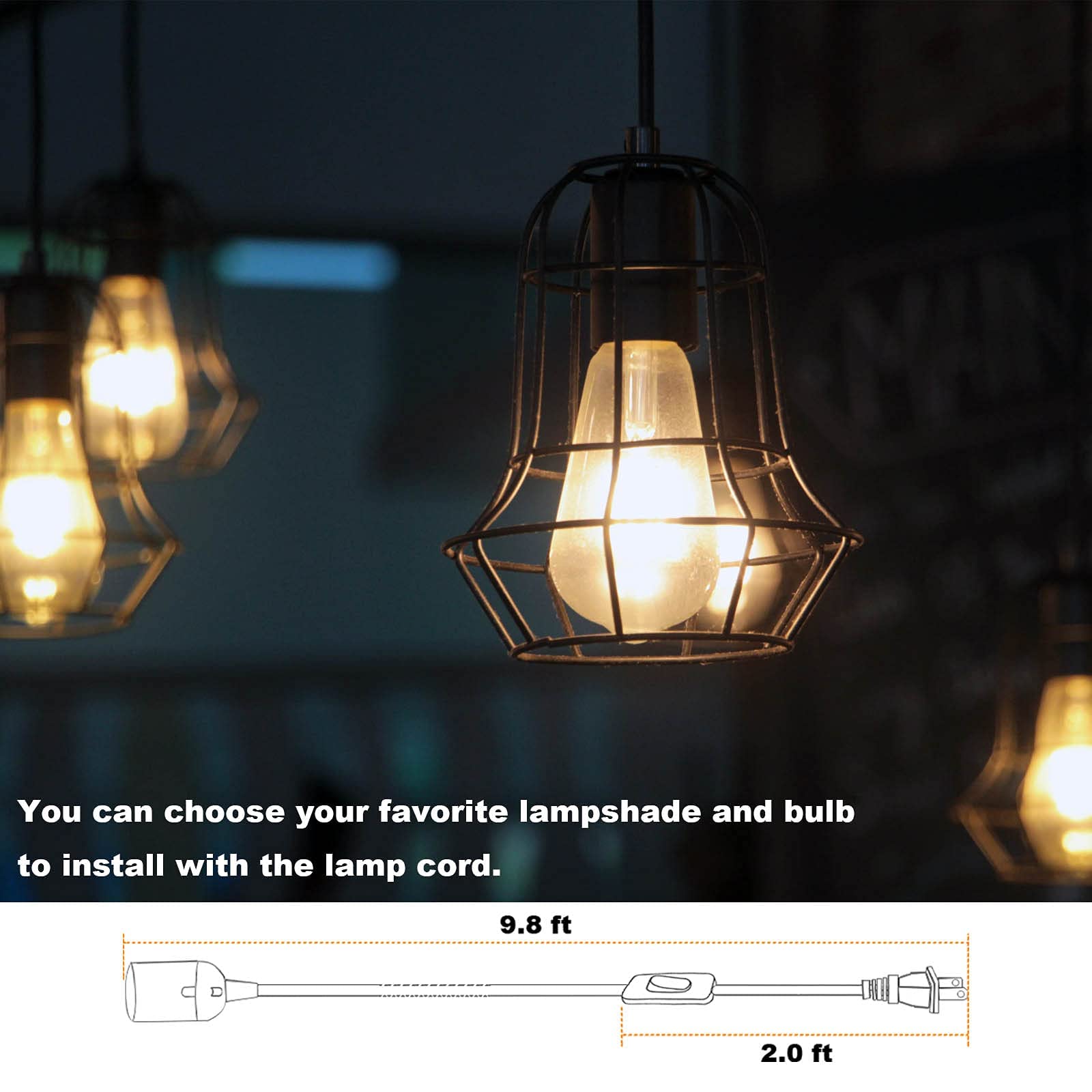 Kit de luces colgantes enchufables, luces colgantes retro con cable enchufable, lámpara colgante industrial E26 E27, cable de 9.8 pies con interruptor de encendido/apagado, lámpara colgante para sala 3