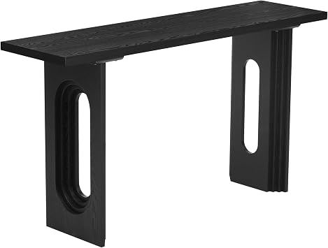 Contemporary Console Table with Fraxinus Mandschuric Solid Wood Veneer Top Extra Long Entryway Table with Distinctive Round Hollow Legs for Entryway Hallway Living Room Foyer Corridor (Black-@06)