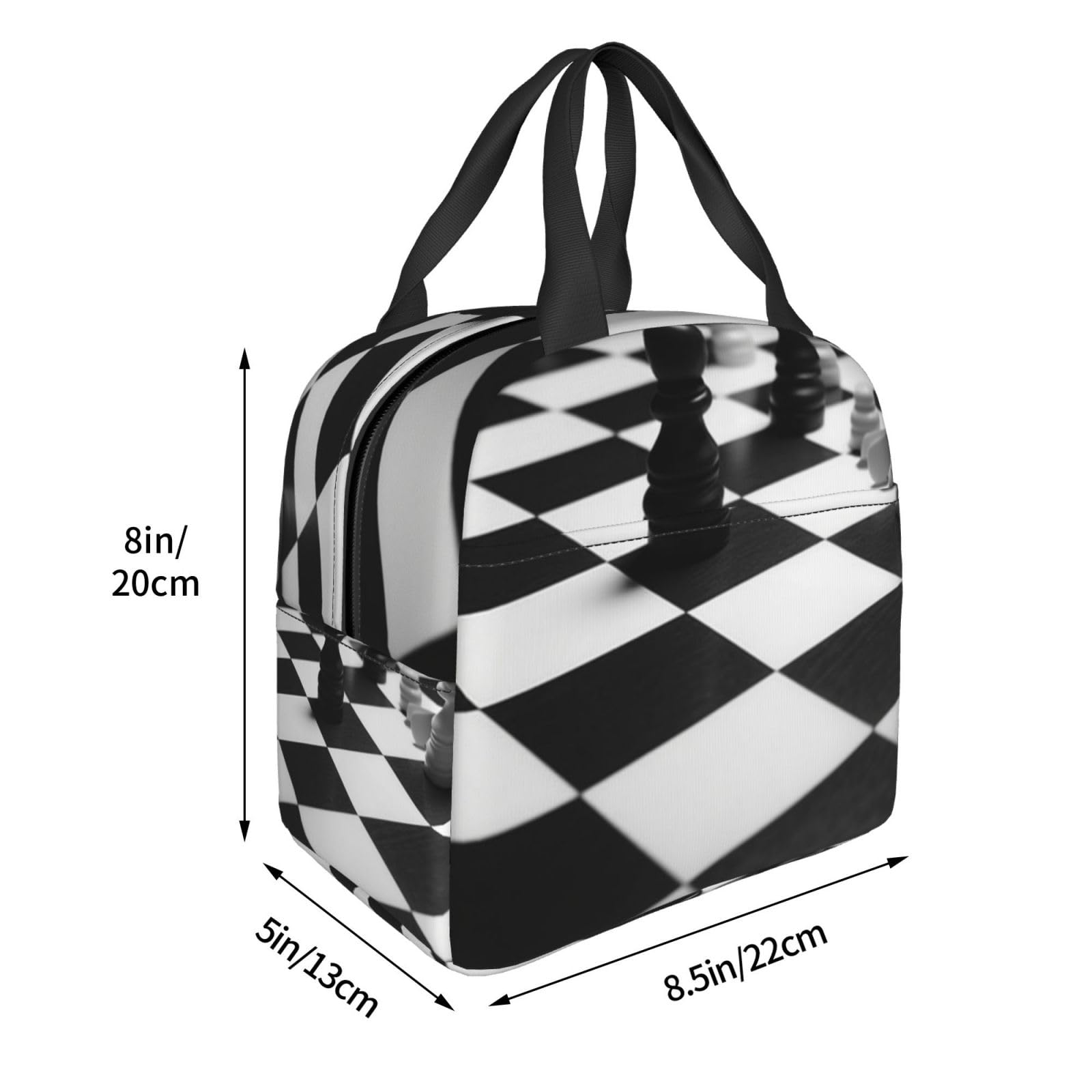 Futterya Borsa Portapranzo Isolata A Scacchi Bianco E Nero - 21x11x26 Cm, Tracolla Rimovibile, Per Lavoro E Ufficio