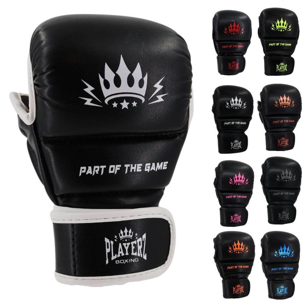 Playerz Element Kids MMA Sparring Gloves, Synthetic Leather Grappling Gloves, Side Thumb Protection, Double Wrap Closure, 1" High Tech Padded Knuckle for Young Martial Artists (Black/White, XXSmall) — image 1