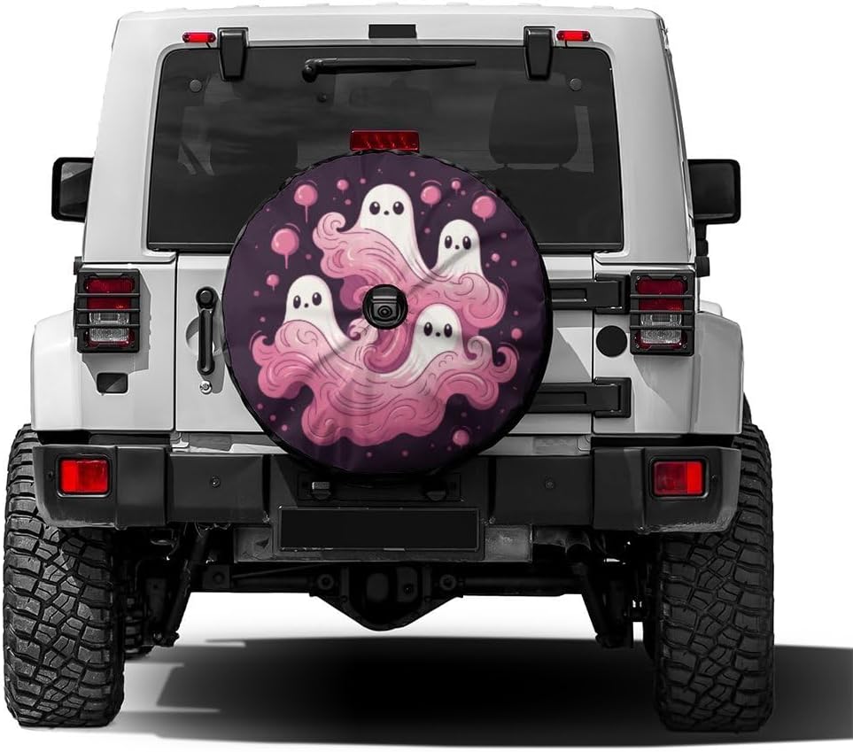 Cute Ghosts Pink Spare Tire Cover with Backup Camera Hole Wheel Tire Cover Fit Trailer, RV, SUV and Many Vehicle 14inch