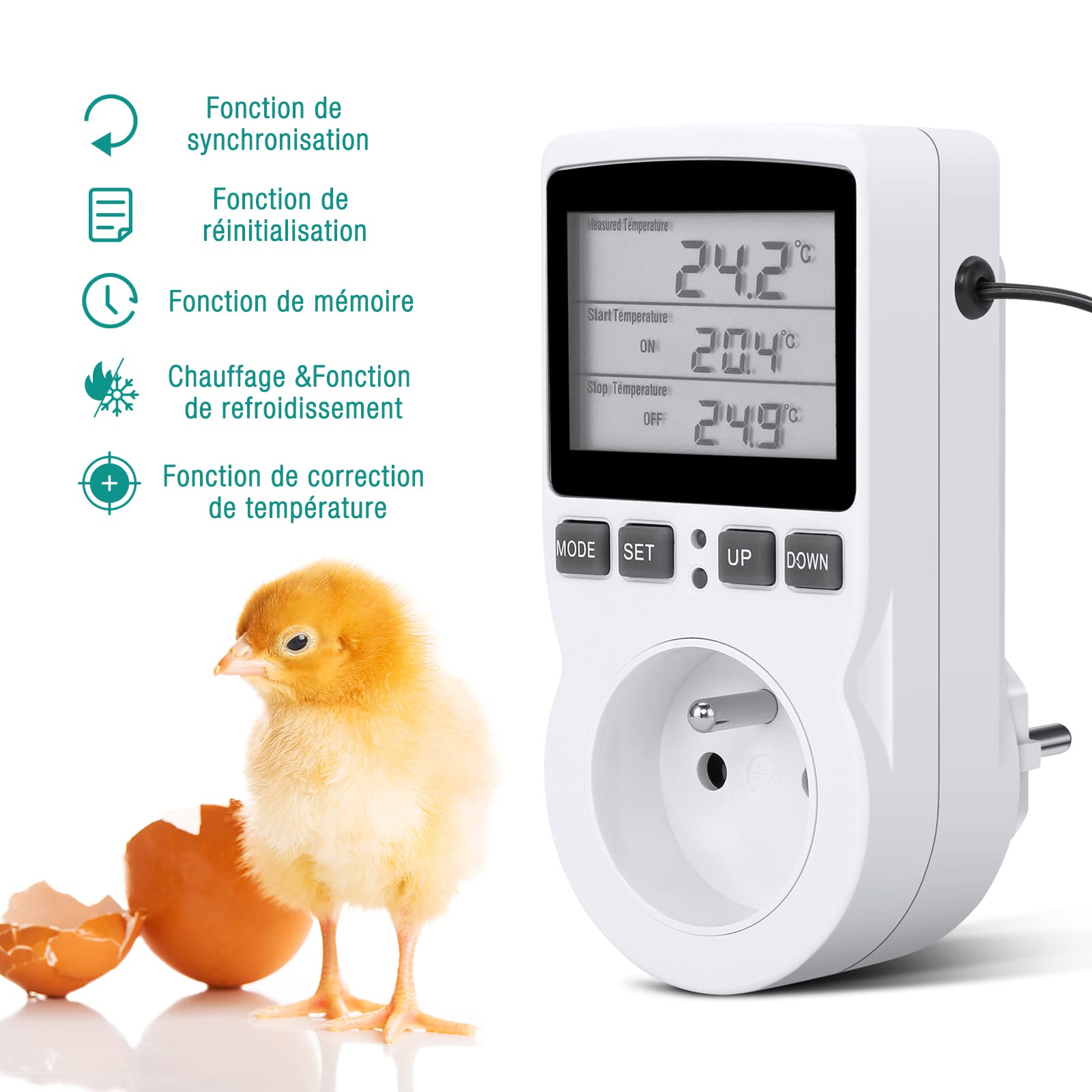 Prise Thermostat avec Sonde, CJBIN LCD Prise Thermostat Chauffage, 230V Thermostat Regulateur de Temperature Contrôleur de température pour Serre Reptile Terrarium Aquarium Incubateur Home (Prise FR)