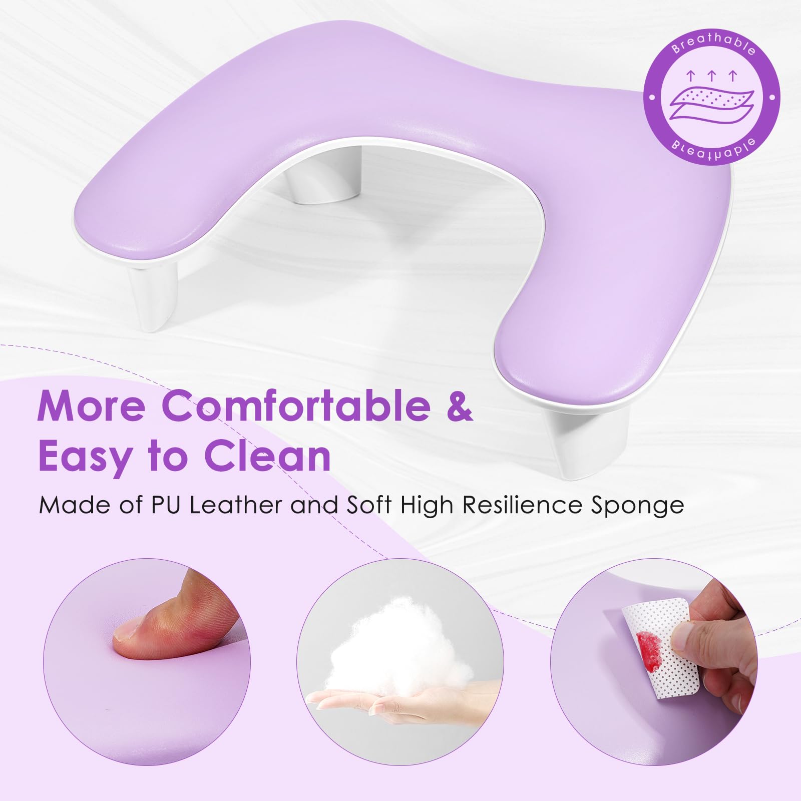 LIONVISON Reposabrazos para Nail Techs en forma de U, cómodo cojín de almohada para manicura, reposabrazos de piel sintética para tecnología de arte de uñas acrílicas, instalación rápida, color morado