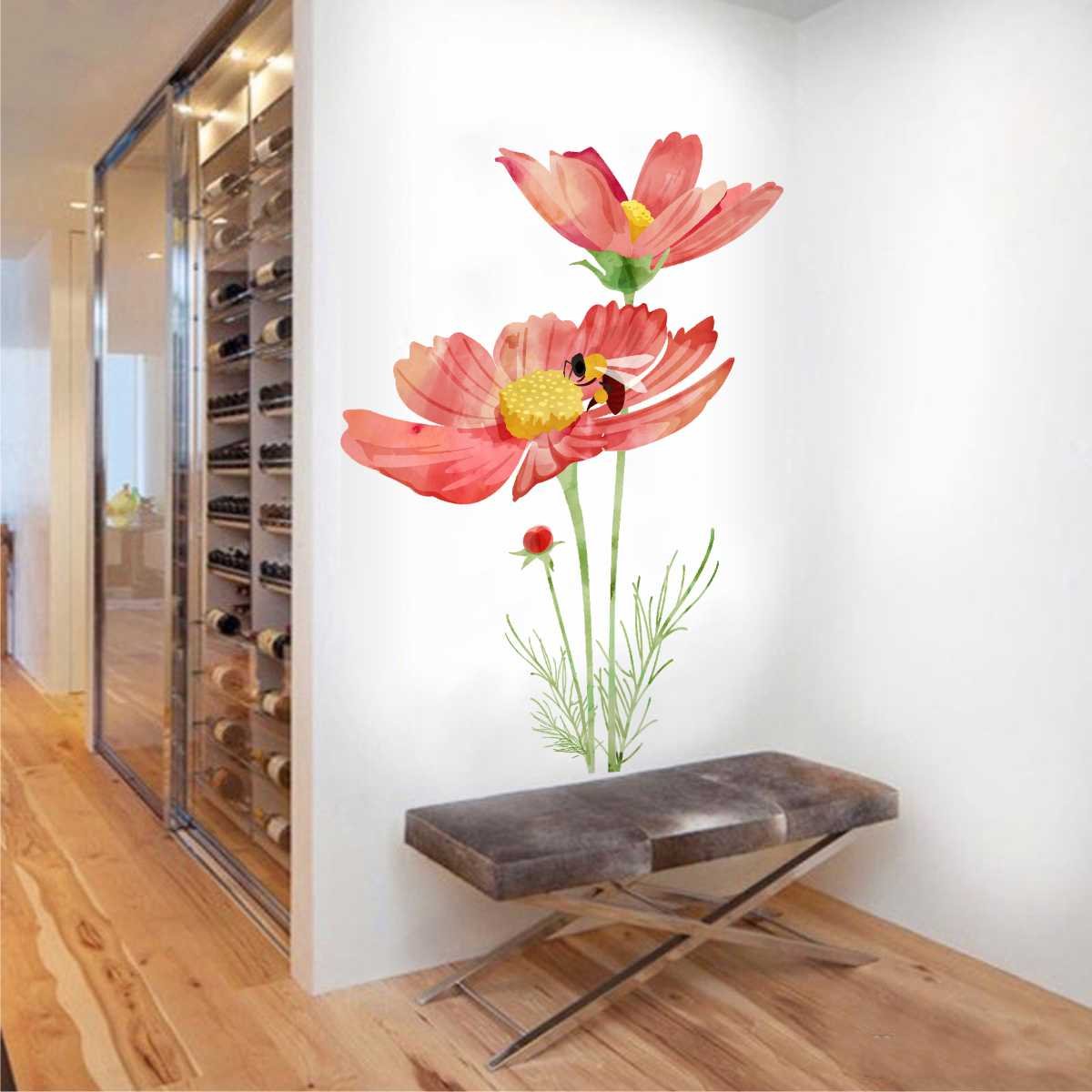 rawpockets Honey Bee on Red Flower Self Adesive Wall Sticker (Pack of 2)