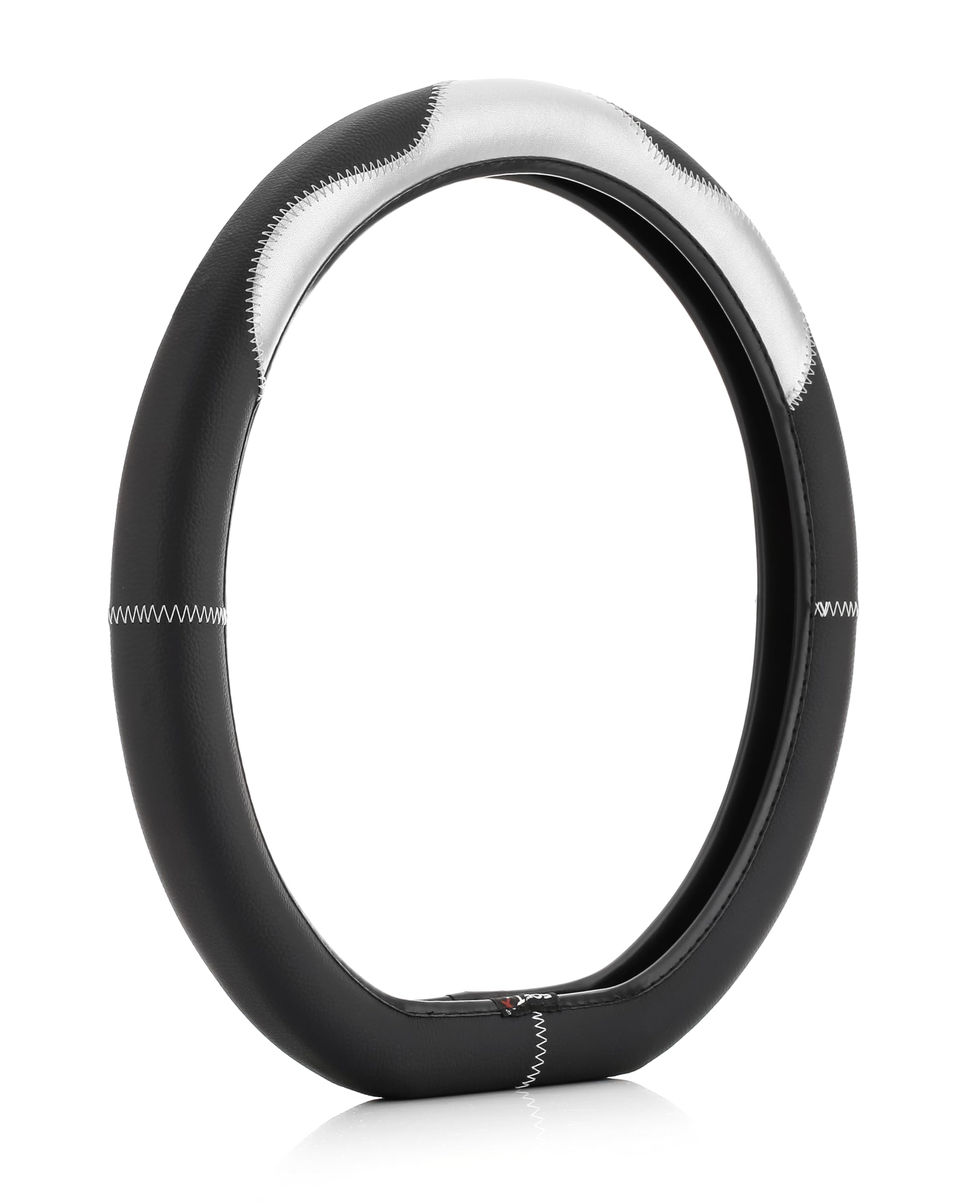 SOFT X Premium Faux Leather Car Steering Wheel Cover Flat Bottom D Shape Breathable Anti Slip Steering Cover for Untlimate Comfort & Style (Silver & Black) - Image 3 thumbnail