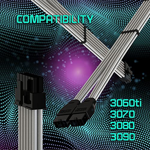 Image of LINKUP - Compatible with NVIDIA RTX3000 Ampere Founders Edition FE GPU┃Teflon High Power PSU Adapter 16AWG Silver Coated UL-Rated Wires w /Comb┃12P to 2 x 8P PCI-e Adapter┃30cm 300mm┃Silver