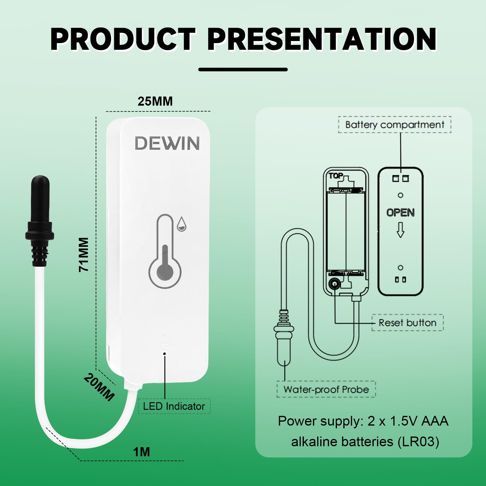 DEWIN WLAN inteligentny termometr i hygrometr, czujnik temperatury i wilgotności T01 z 1m wsparciem sondy inteligentne monitorowanie zdalne APP alarm i rejestrowanie danych