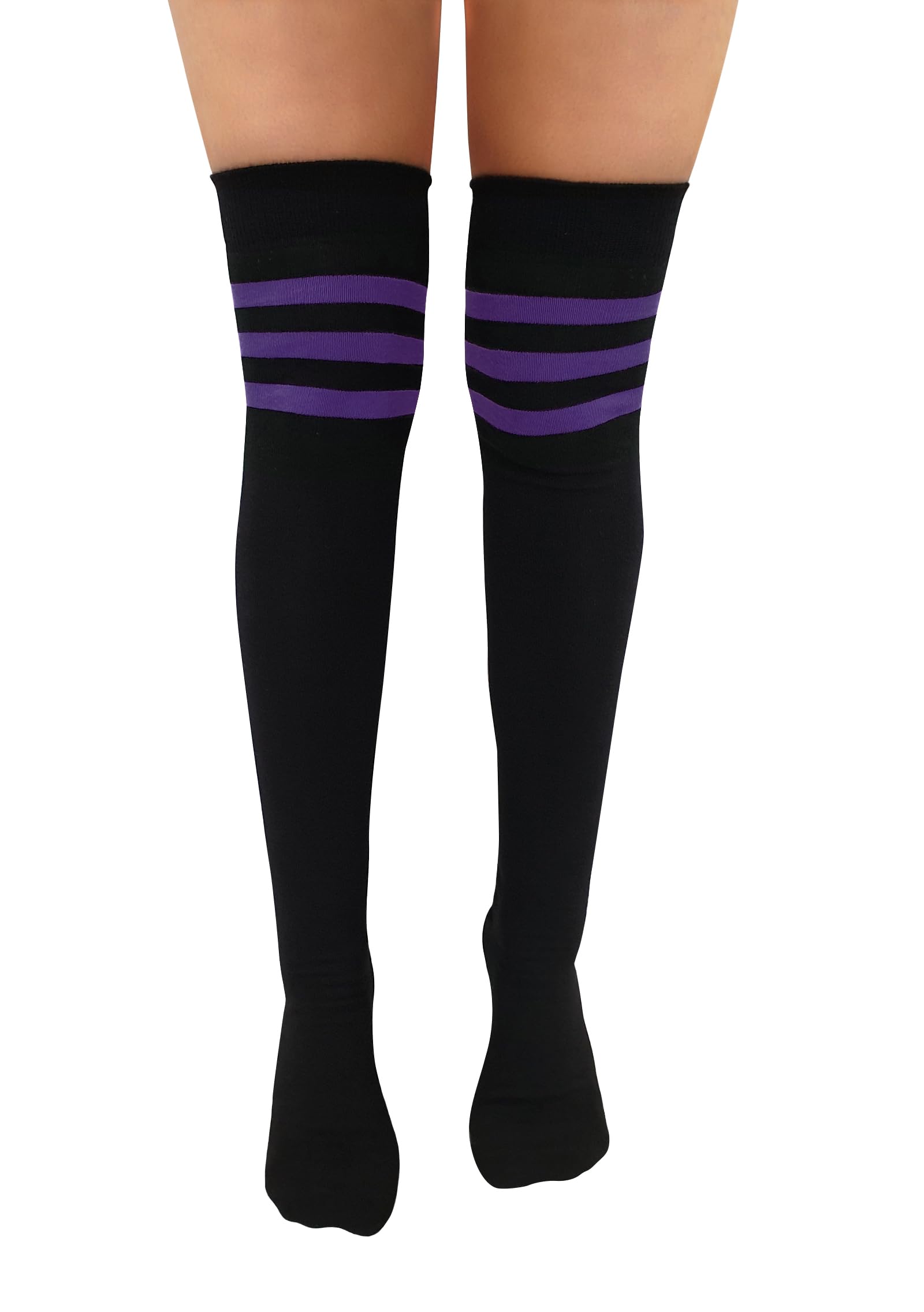 Nujake Girls Black With Purple Referee Style Over The Knee Cotton Rich Socks (Black With Purple)