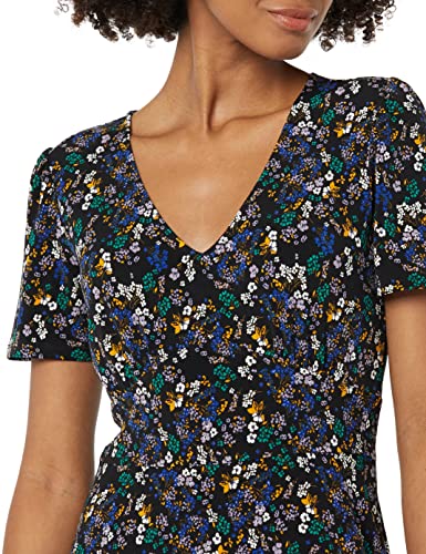 Image of Amazon Essentials Women's Short Sleeve V-Neck Gathered Flattering Fit and Flare Dress