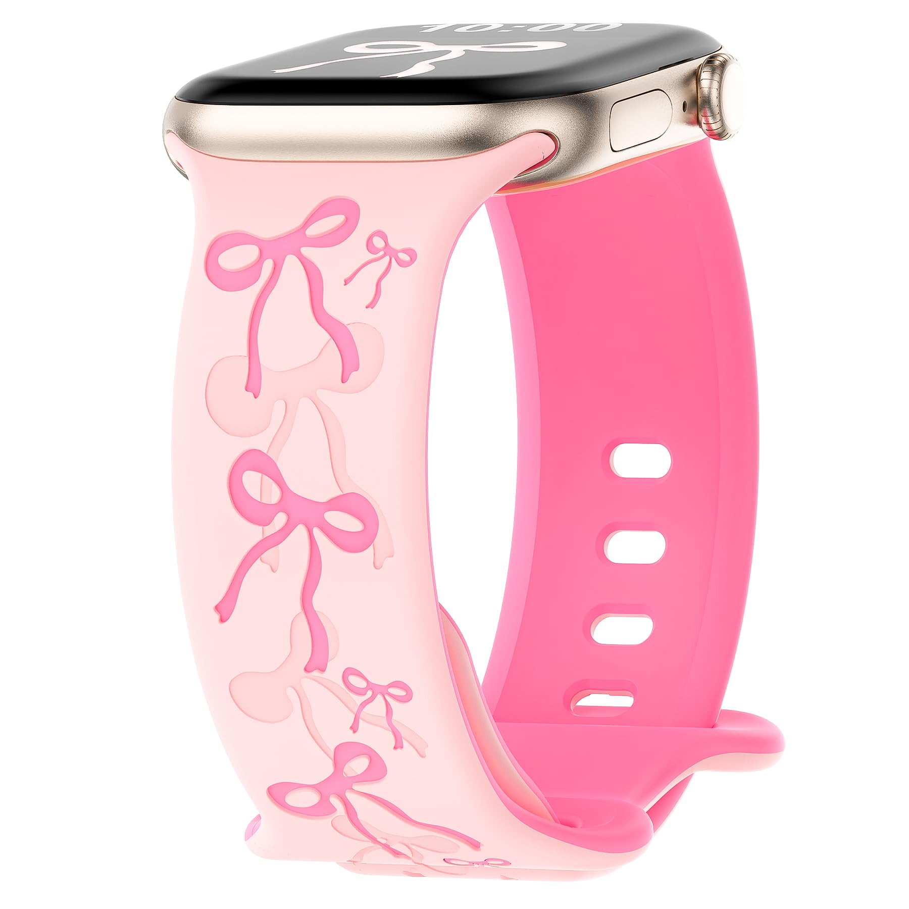 YMHML Engraved Bow Band Compatible for Apple Watch Bands for Women 40mm 42mm 41mm 38mm 44mm 45mm 46mm 49mm, Cute Silicone Inlay Dressy Pink Ribbon Strap for iWatch Series 11 10 9 8 7 6 5 4 3 SE Ultra