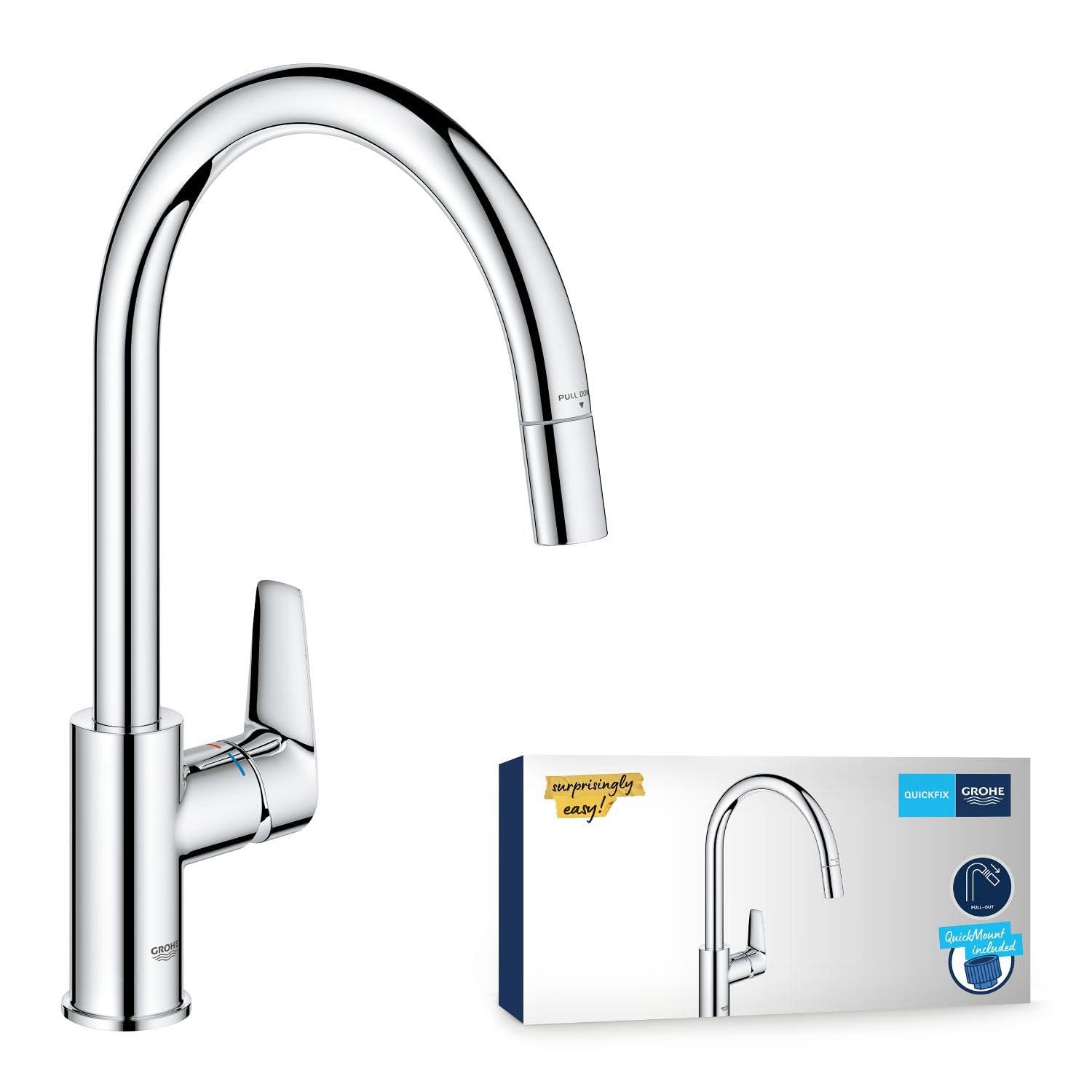 GROHE QuickFix Start Edge, Rubinetto Miscelatore per lavello da cucina a 1 leva con funzione estraibile (bocca a C alta, area girevole a 360°, cartuccia in ceramica da 28 mm) 357 mm, Cromo, 30551000