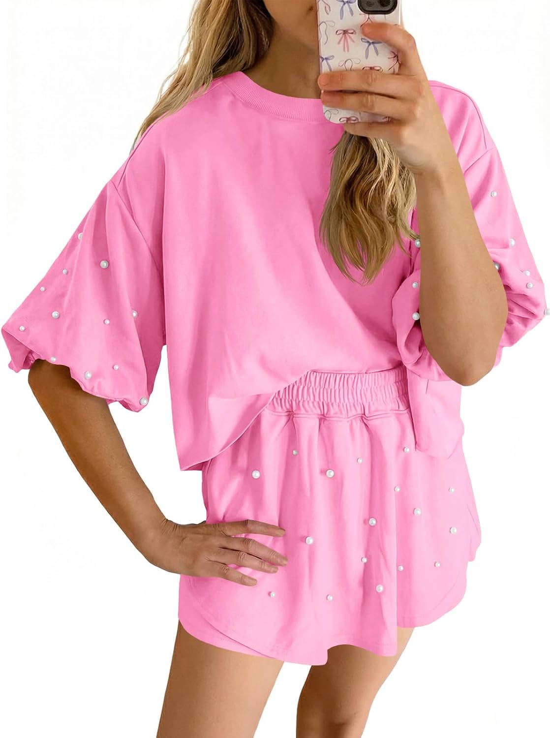 Fisoew Womens Summer Lounge Shorts Sets 2 Piece Outfits Decor Pearl Short Puff Sleeve Sweatshirt Skort Skirt Tracksuits