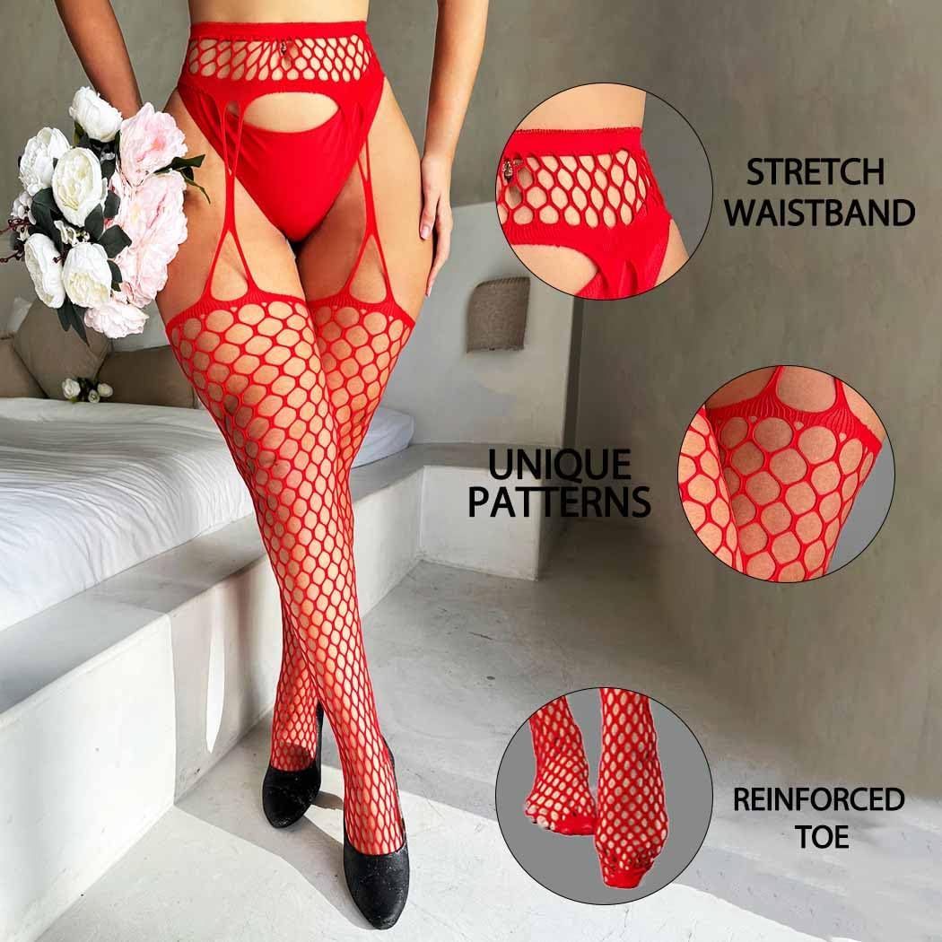 Fishnet Thigh High Stockings for Women Red Fishnet Stockings High Waist Stretchy Tights Party Cosplay - Image 3