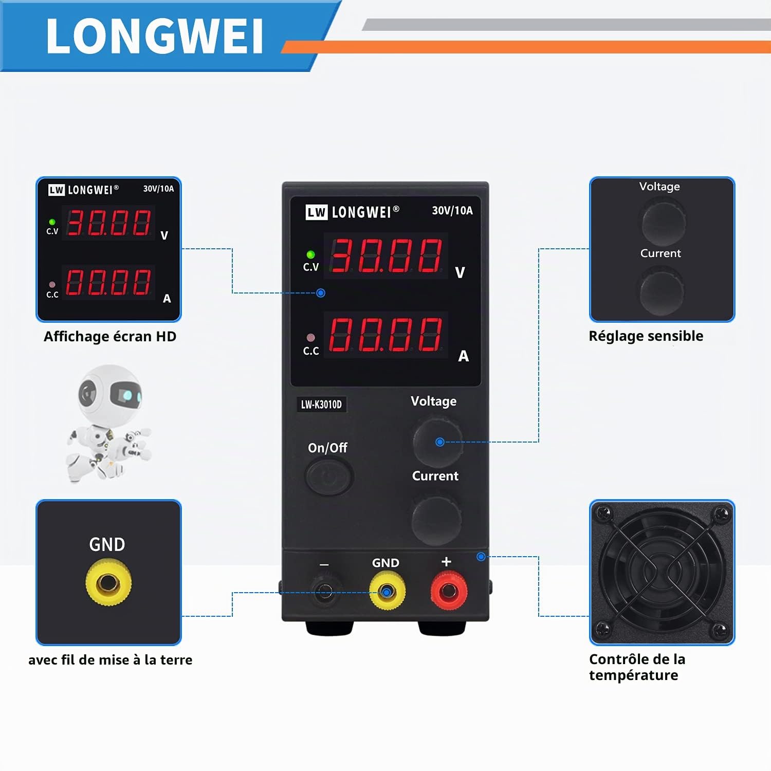 LONGWEI Alimentation Laboratoire 30V 10A，Alimentation Variable， Alimentation de Laboratoire ，Appliqué à l'enseignement，Laboratoire， DIY，electrolyseur，avec Pince Crocodile, Cordon de Test