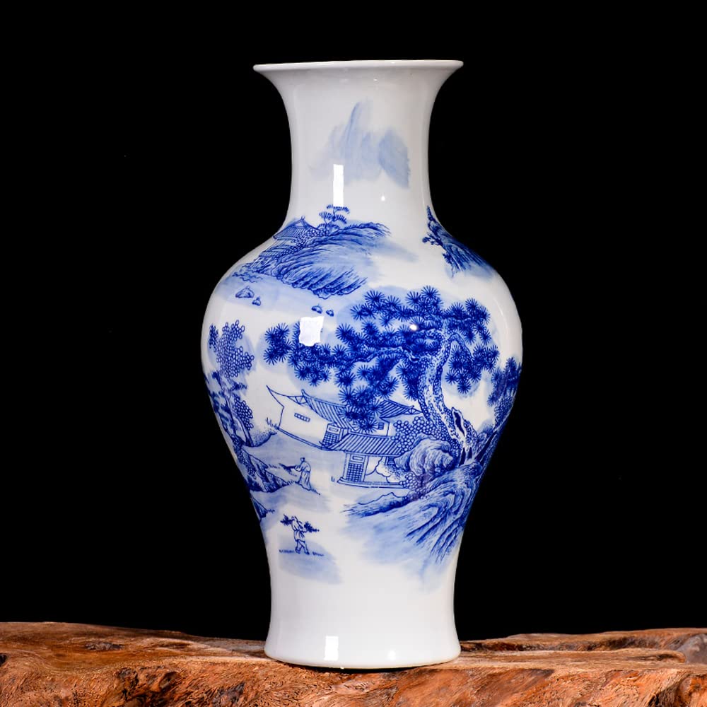 asdchZen Chinoiserie Jingdezhen Porcelain Vases Blue And White Porcelain Landscape Modern Home Living Room Porch Simple Ornaments Decorative Crafts,B