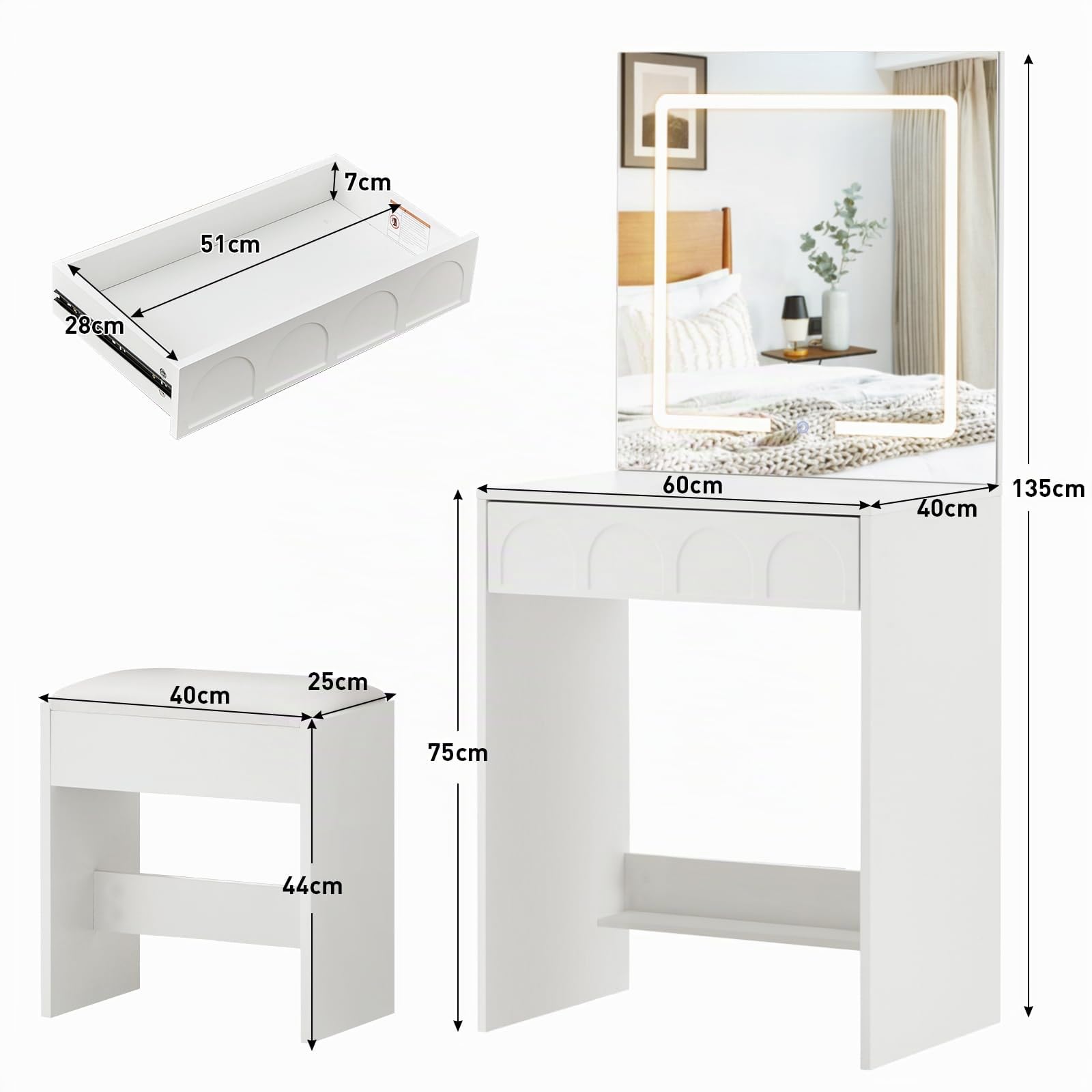 LEMROE Tocador Moderno con Espejo LED Táctil 3 Luces, Mesa de Maquillaje Compacto con Cajón y Taburete, para Espacios Pequeños, Blanco (Blanco)