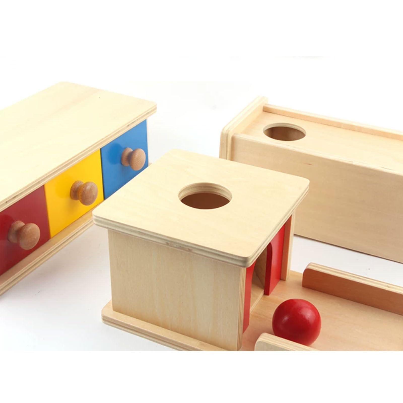 Montessori-Objektpermanenz-Box-Set, Spielzeug aus Holz mit Ballabwurf und Schublade, 3er-Set Imbucare-Box,B
