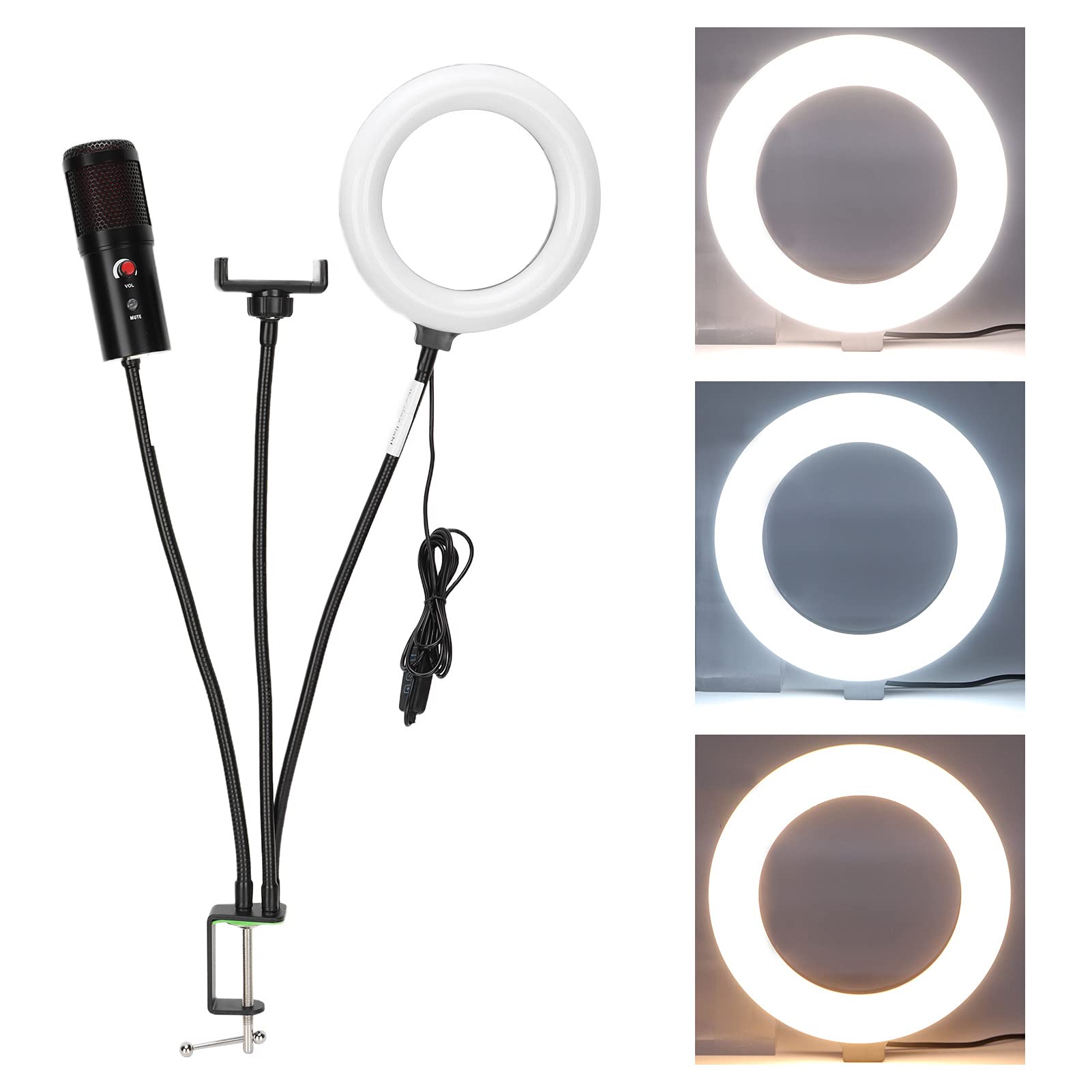 Micrófono USB de Estudio, Luz de Relleno RGB, Kit de Micrófono de Condensador Cardioide para Grabar Canto, Equipo de Podcast para Transmisión de PC, Material de Cabezal ABSSound (A6S con