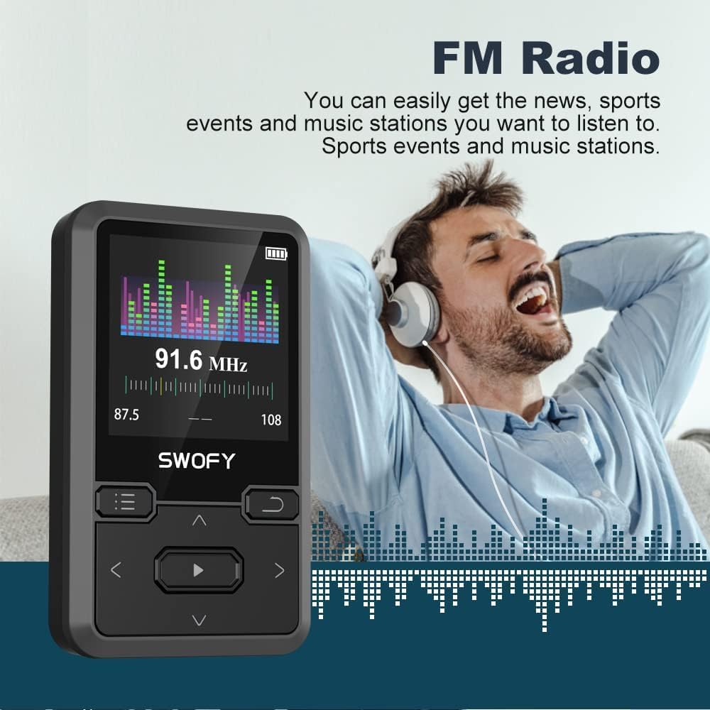 SWOFY Lettore MP3 Bluetooth 5.0 con clip sportiva, mini lettore musicale portatile da 32 GB, con cuffie, radio FM, contapassi, registrazione vocale, supporta scheda SD fino a 128 GB (nero)