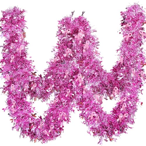 Meanplan 59 Feet Breast Cancer Awareness Tinsel Garland Pink Ribbon Metallic Twist Garland Hanging Ornaments for Breast Cancer Awareness Month Season Birthday Party Decoration