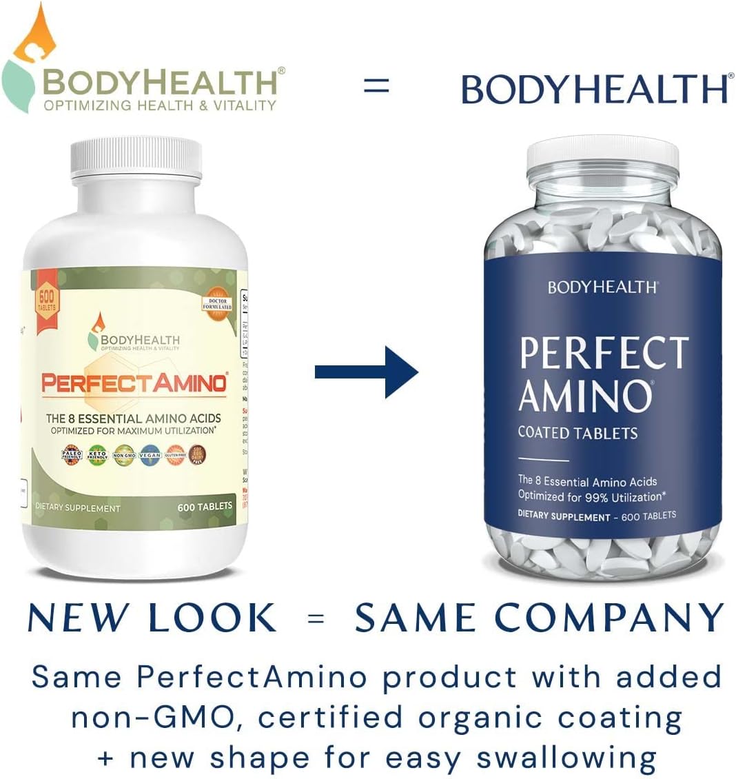 BodyHealth PerfectAmino (600 Ct) Easy to Swallow Tablets, Essential Amino Acids Supplement with BCAAs, Vegan Protein for Pre/Post Workout & Muscle Recovery with Lysine, Tryptophan, Leucine, Methionine : Health & Household