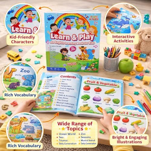 Image of Braintatsic Learn & Play English Learning Book for Kids | Early Education Book with Colorful Pictures & Fun Activities | Vocabulary, Letters & Basic Words | Preschool & Toddler Learning Toy