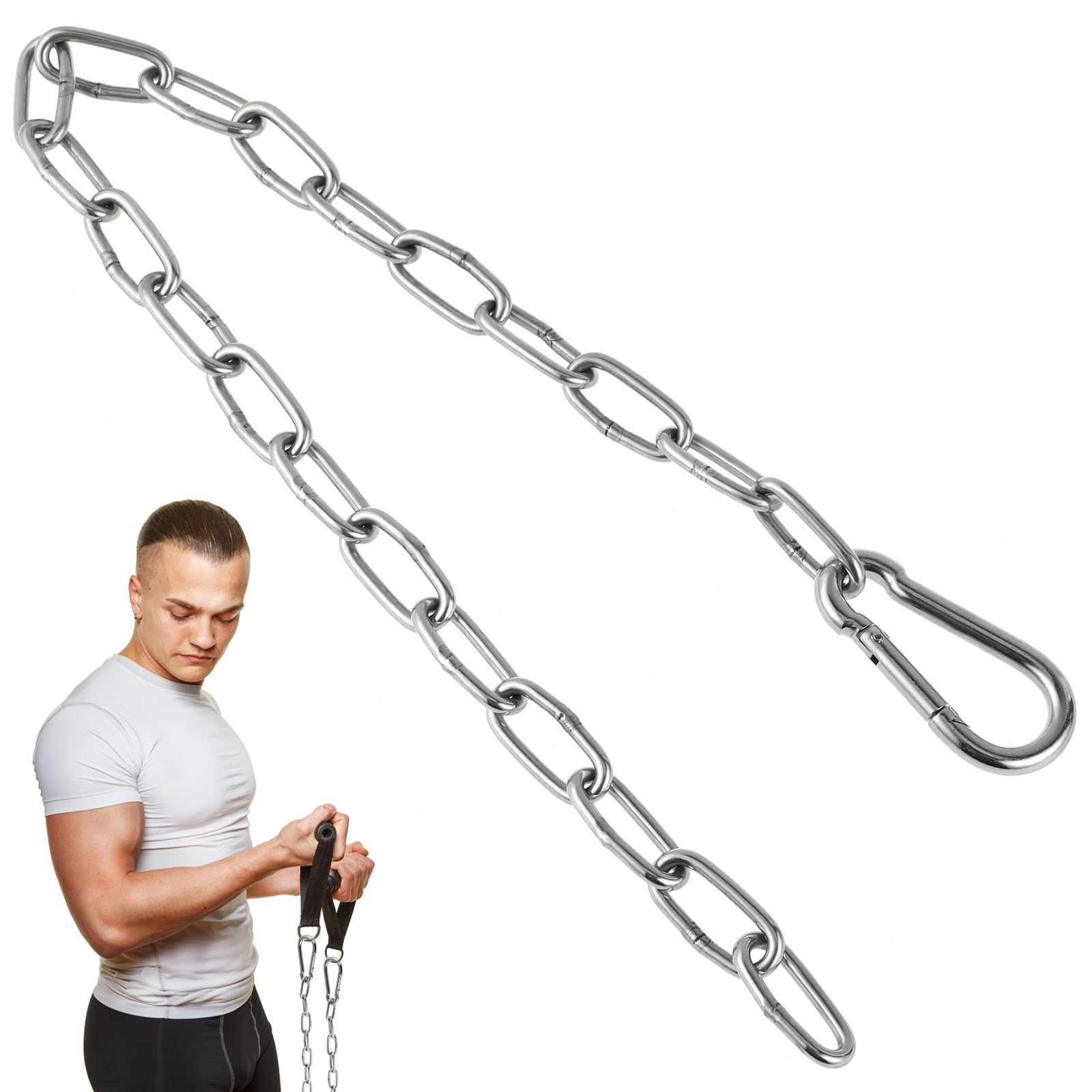Gym Cable Extension Chain, Silver Iron Metal 23.6 Inch Heavy Duty Extender, Triceps Pulley Machine Home Workout Weight Lifting Punching Bag