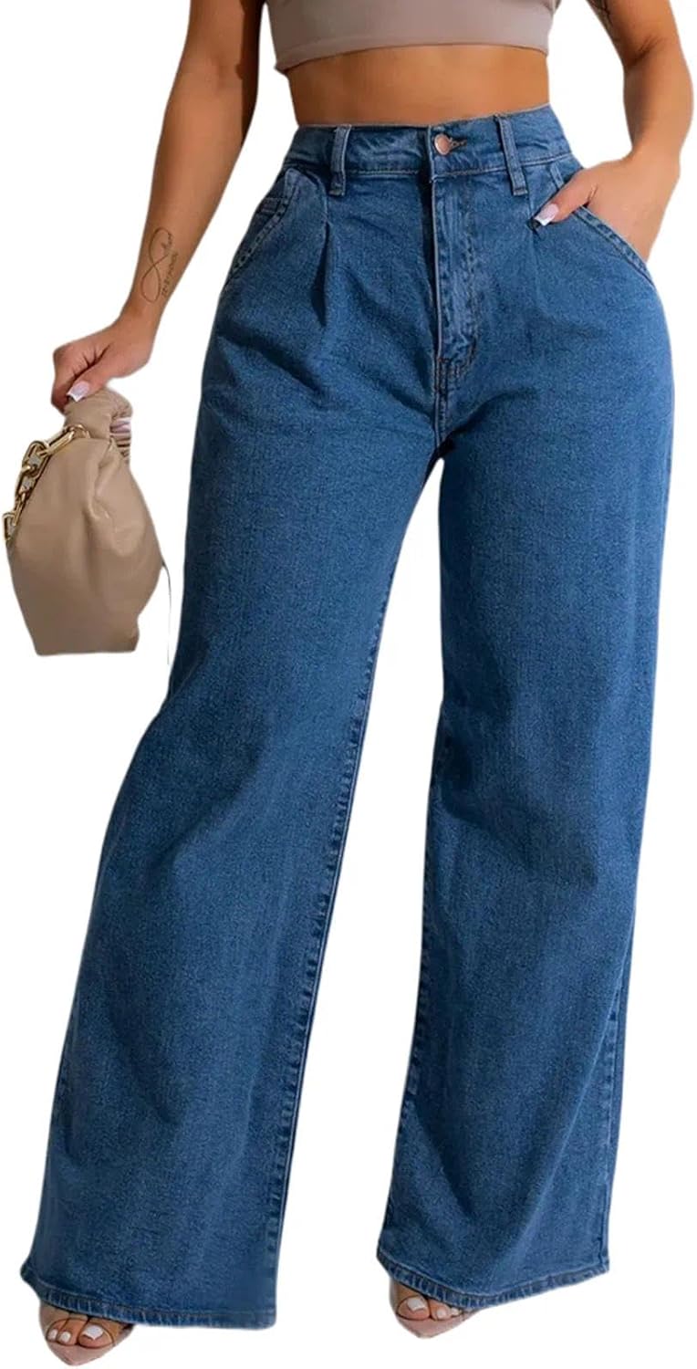 GarRela Women's Wide Leg Jeans Trendy High Waist Stretchy Baggy Loose Casual Denim Pants with Pockets