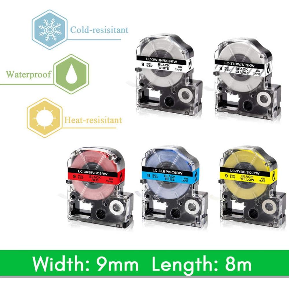 3PK Cinta SD9KW de 9 mm, Blanca sobre Negra, Compatible con la rotuladora SD9KW LK-3BWV LW-300 LW-400