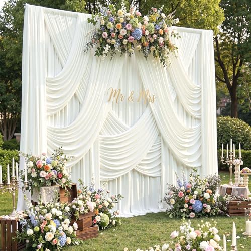 Image of 50x15ft Ivory Backdrop Curtains for Parties, Wrinkle Free Polyester Ivory Photo Backdrop Drapes 10 Panels 15 ft Long Back Drop Cloth Drapery for Wedding Birthday Photography Background Party
