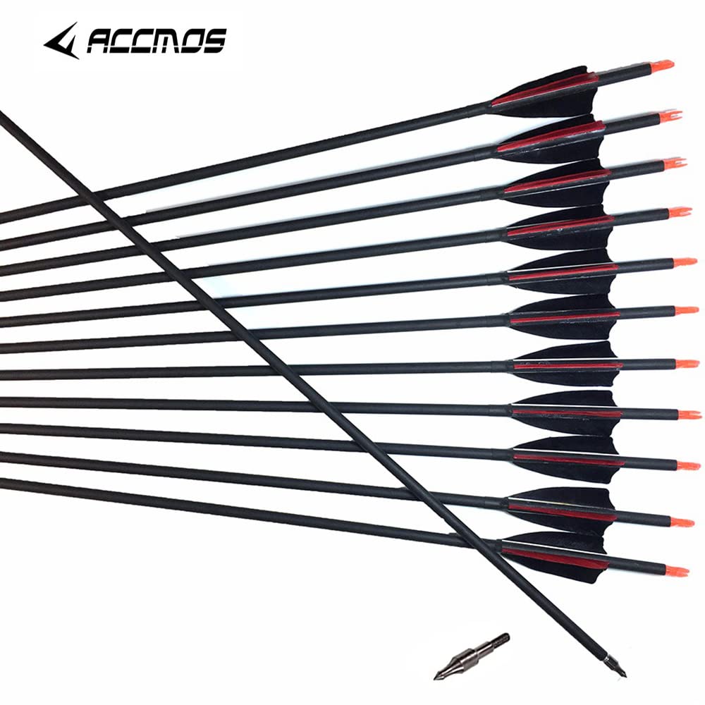 ACCMOS Spine 500 Tiro con L'Arco Freccia in Carbonio 23-30 Pollici con 3'' Piuma di Tacchino,Punte di Freccia Rimovibile, per Arco Ricurvo Arco Composto Caccia 12 pzi