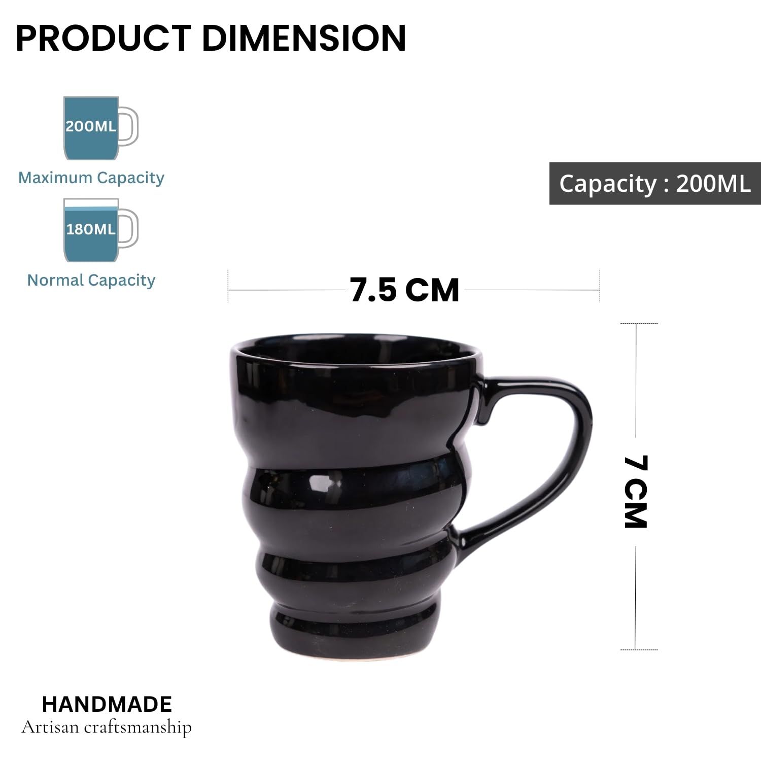 VarEesha Ebony Black Spiral Ceramic Ceramic Tea/Coffee Mugs 4 Pcs, 200Ml | Microwave & Dishwasher Safe Tea/Coffee Mug | Gifting and Daily Use Coffee Cups Set 3