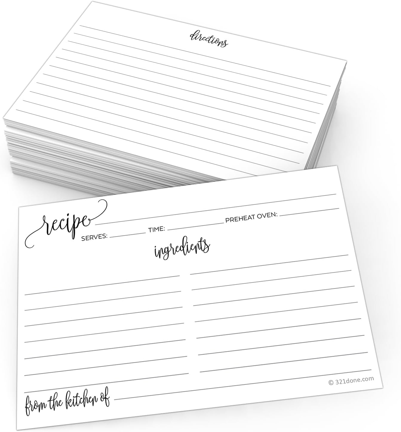 321Done Folding Recipe Cards - Set of 50, Extra Large 8x6 folds to 4x6, Double-sided Rustic White Recipe Cards, Script Design for Bridal Shower & Wedding Gift, Made in USA