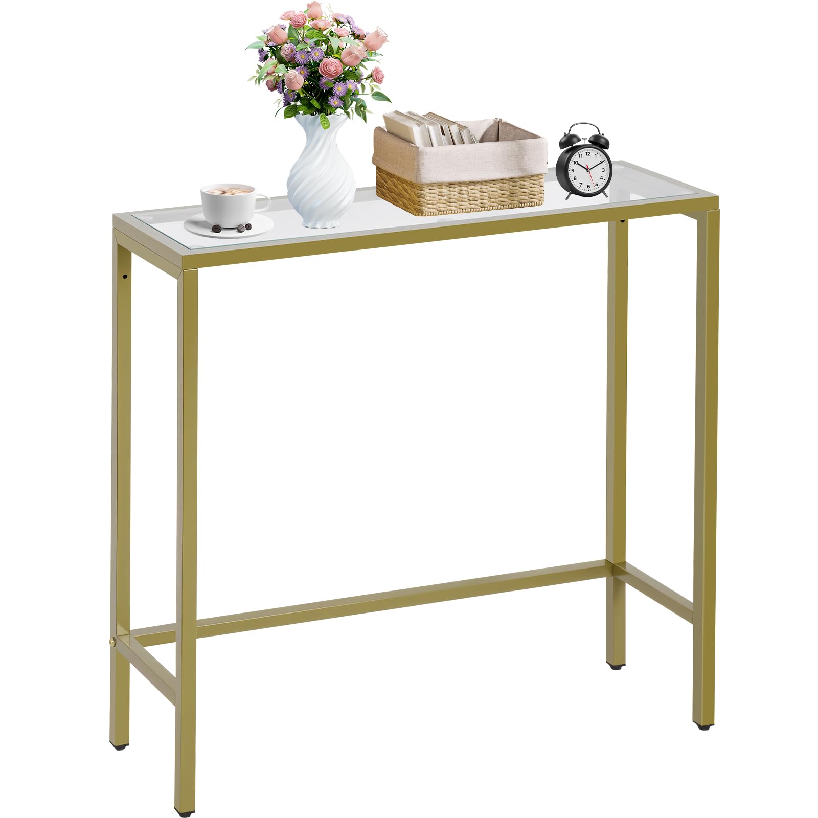 Panana Console Table with Tempered Glass,Sofa Table,Metal Frame Gold Slim Hallway Table, 75 x 22.2 x 80.5 cm, Perfect for Living Room, Entryway, Hallway, Office