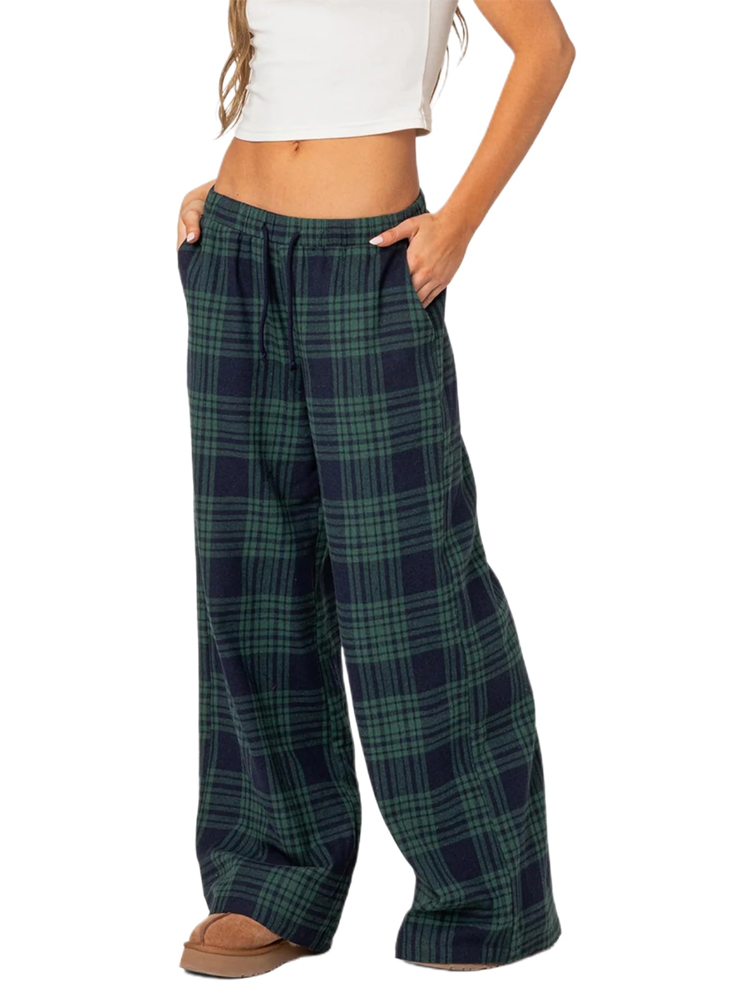 Women Comfy Pajama Pants Elastic Waist Gingham Wide Leg Checkered Pajama Bottoms Cute Low Rise Plaid Lounge Pants
