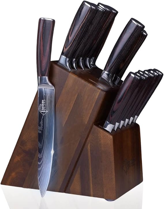 SENKEN 16Piece Natural Acacia Wood Kitchen Knife Block Set Japanese Chef