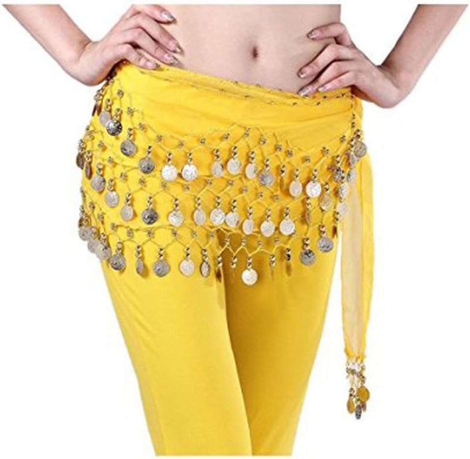 Kooyu Women Chiffon Belly Dancing Hip Scarf Wrap Belt Dangling 3 Rows Gold Coins (Yellow)